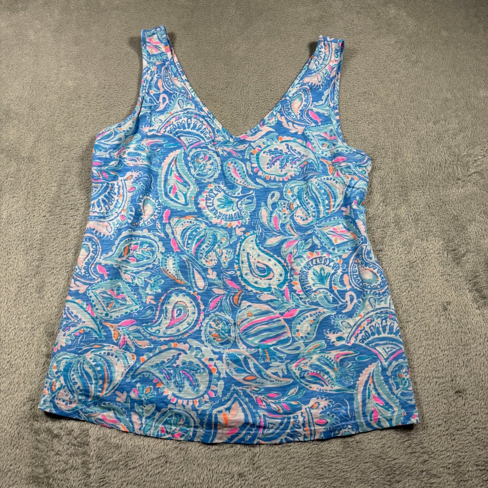Lilly Pulitzer Tank Top Women Small Blue Paisley Cotton V-Neck